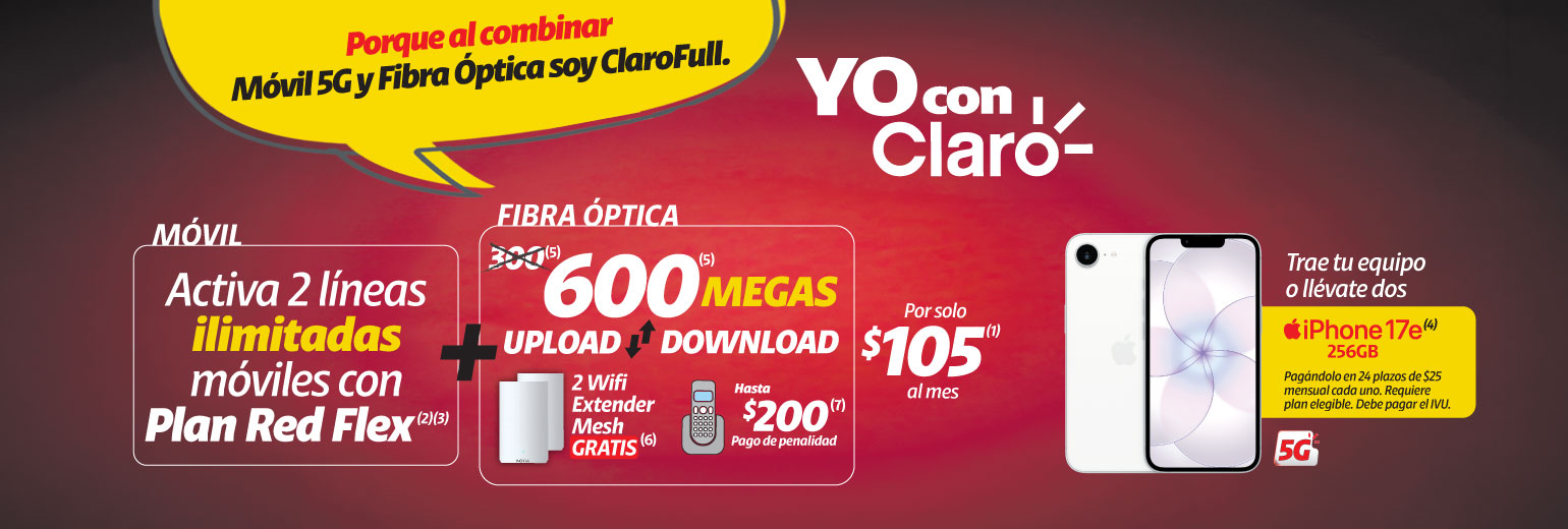 Porque al combinar Móvil 5G y Fibra Óptica soy ClaroFull. Porque al combinar Móvil 5G y Fibra Óptica soy ClaroFull.
